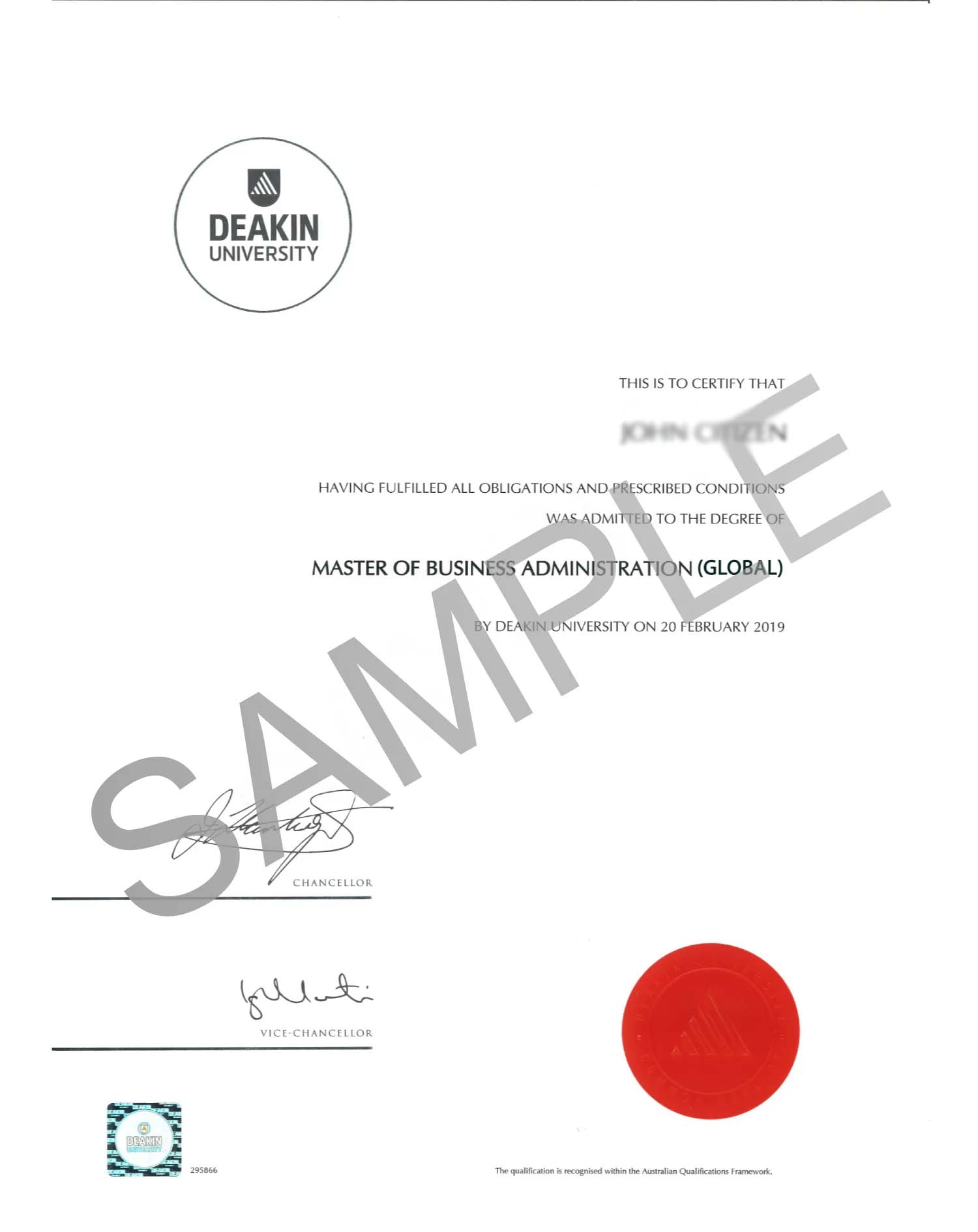 Deakin University Sample Certificate