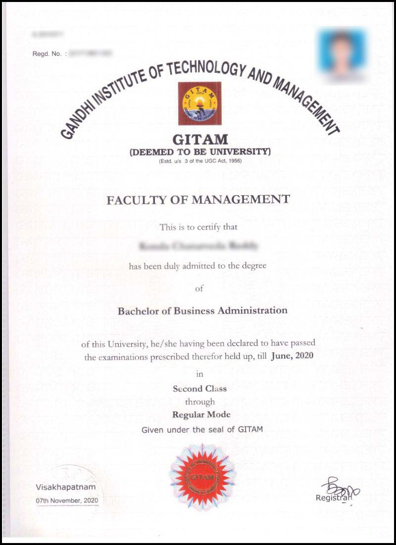 GITAM University Sample Certificate