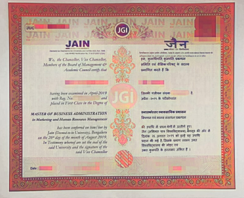 Jain University Sample Certificate