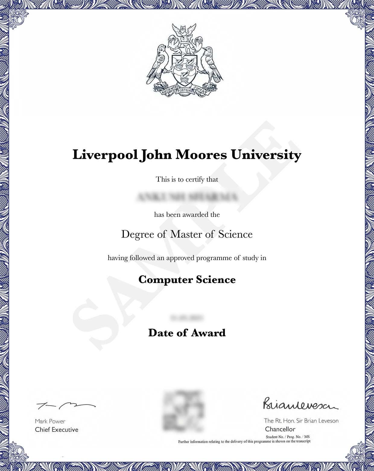 Liverpool John Moores University Sample Certificate