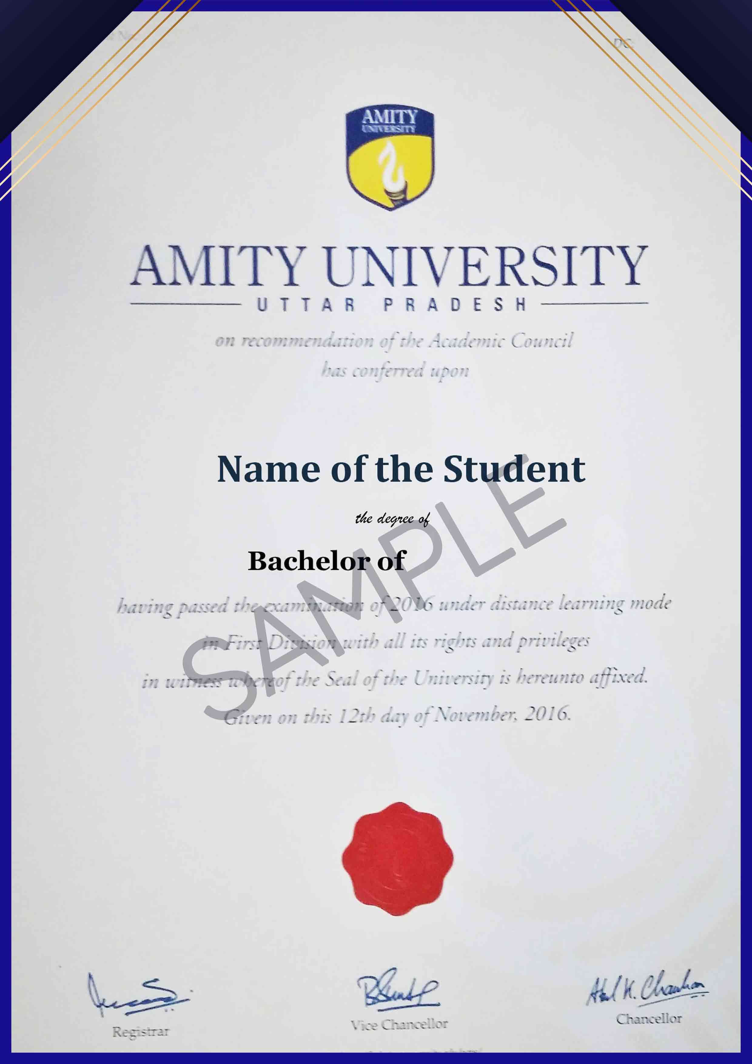 Amity Online University Sample Certificate