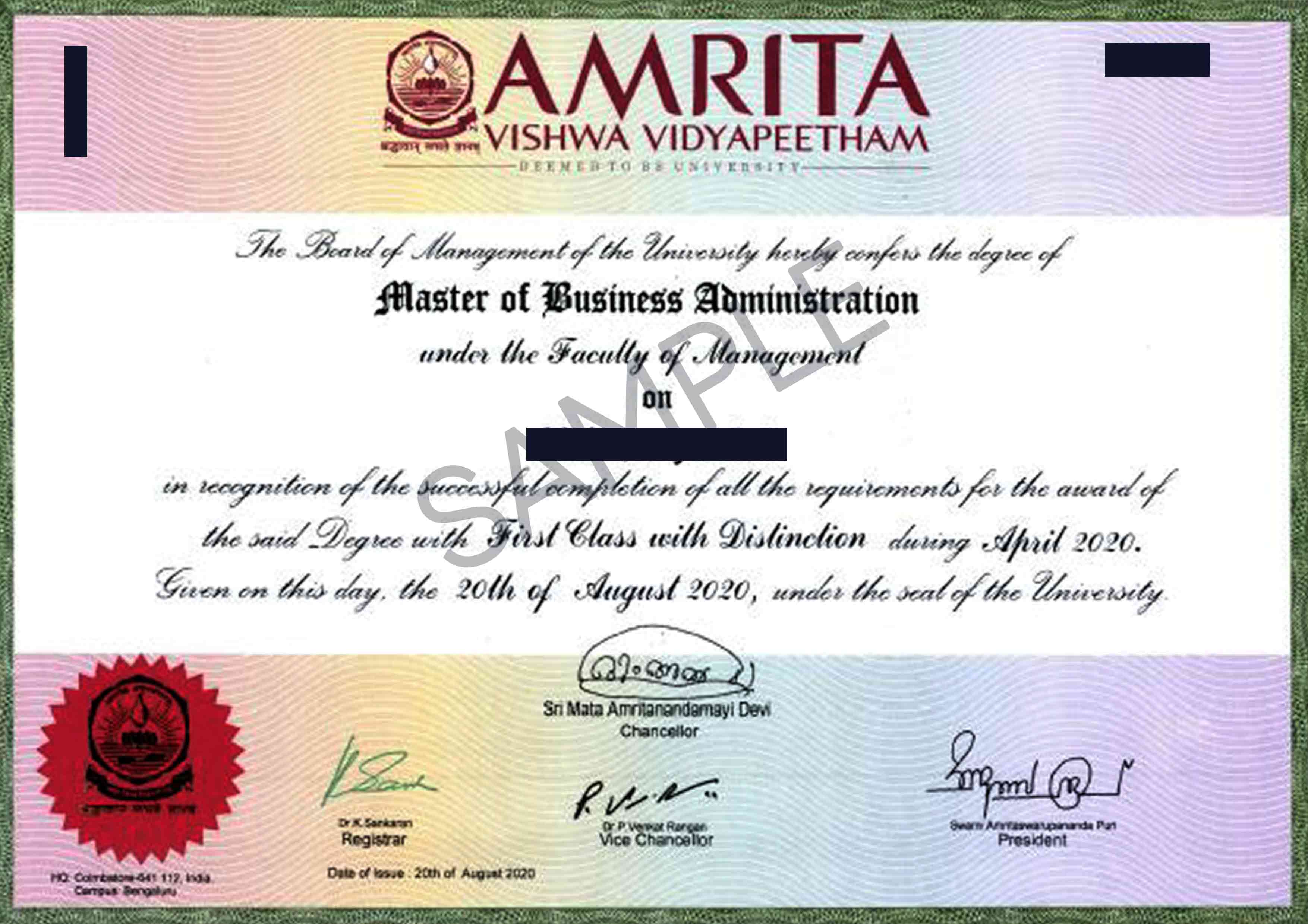 Amrita Online Ahead Sample Certificate