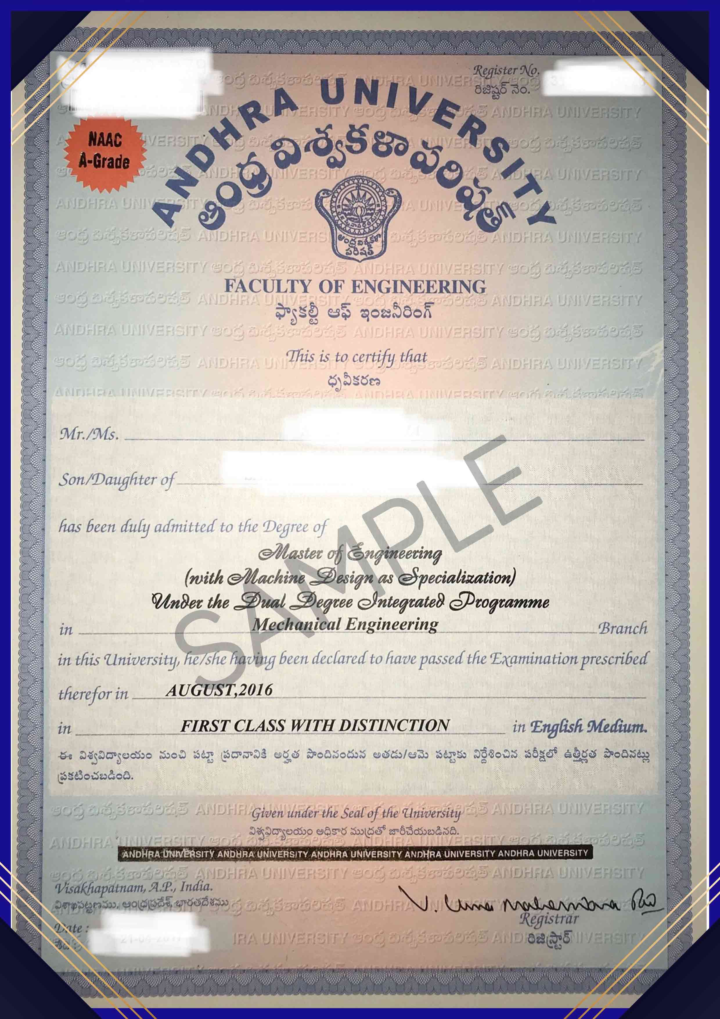 Andhra University Sample Certificate