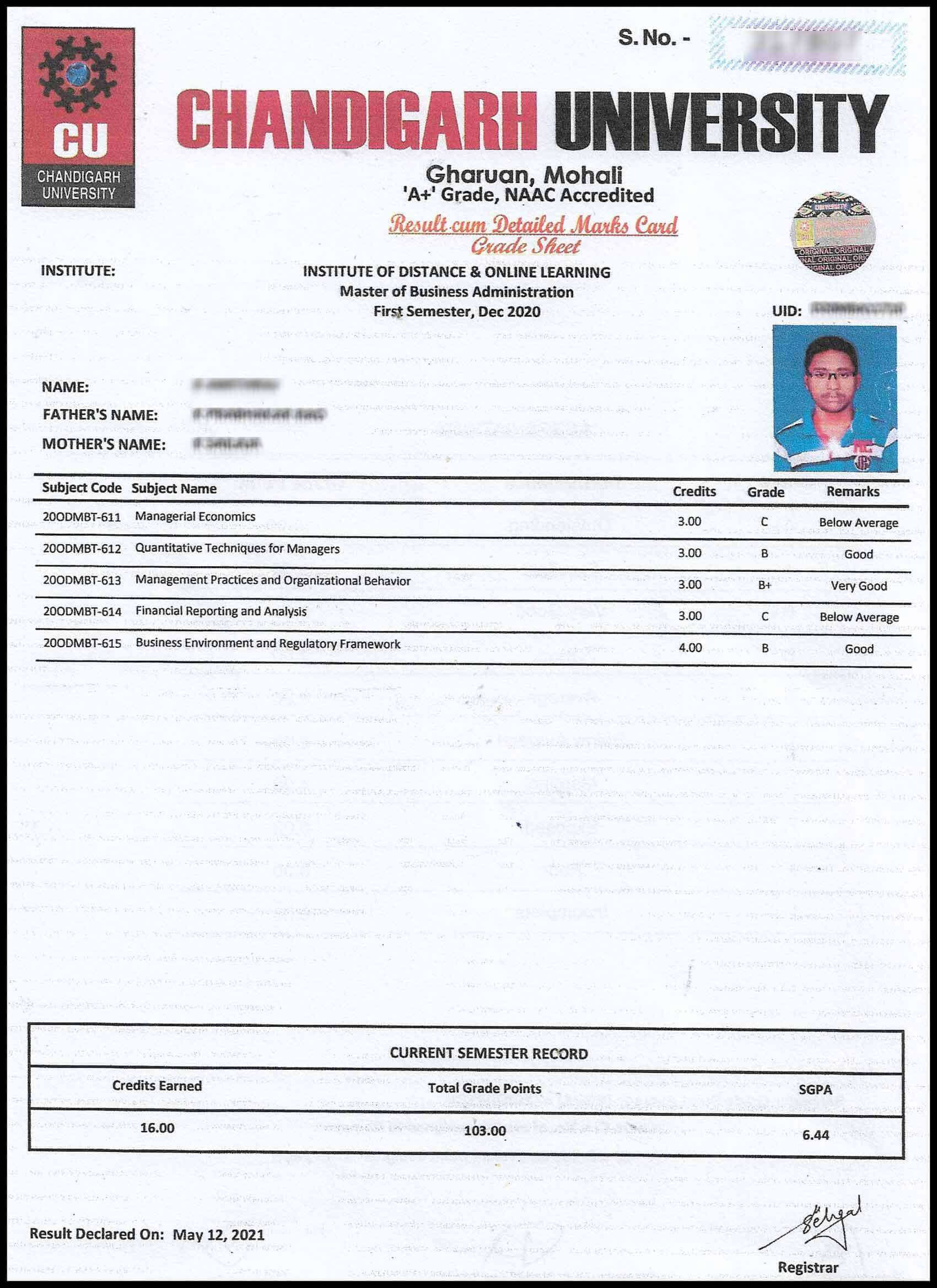 Chandigarh Distance University Sample Certificate