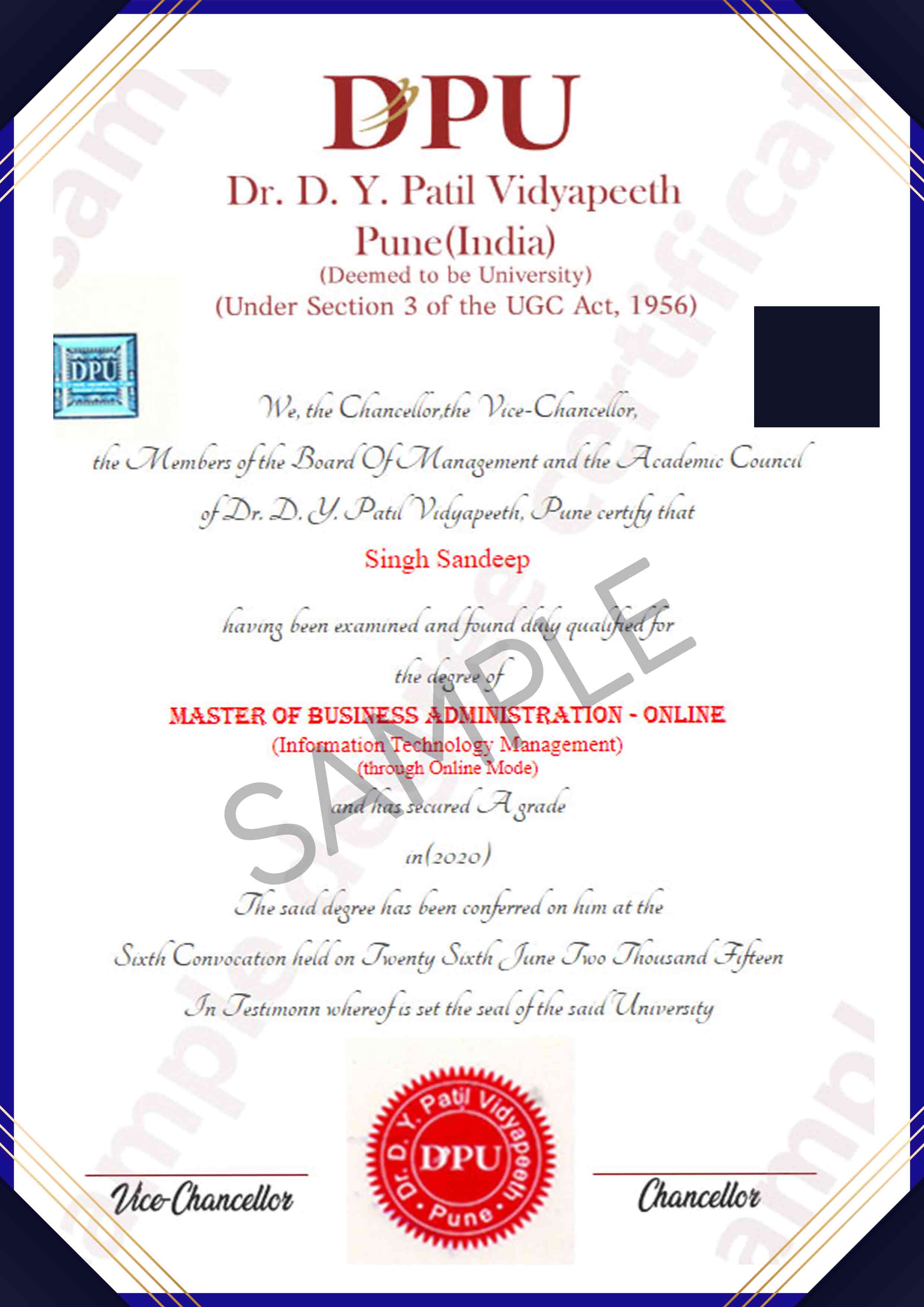 D.Y. Patil Vidyapeeth Sample Certificate