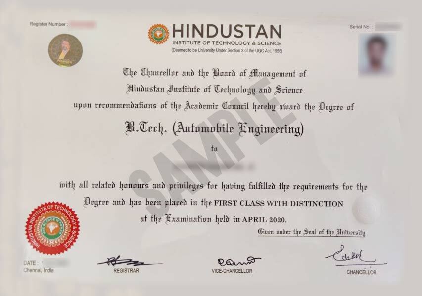 Hindustan University Sample Certificate