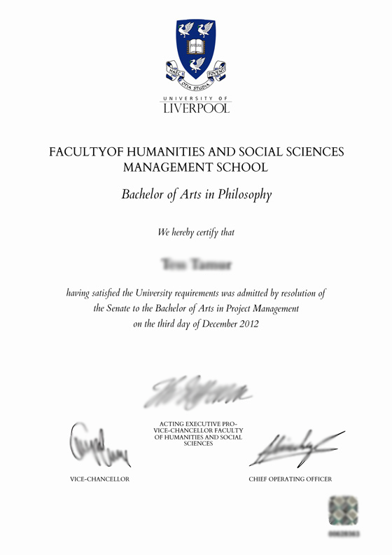 Liverpool Business School Sample Certificate