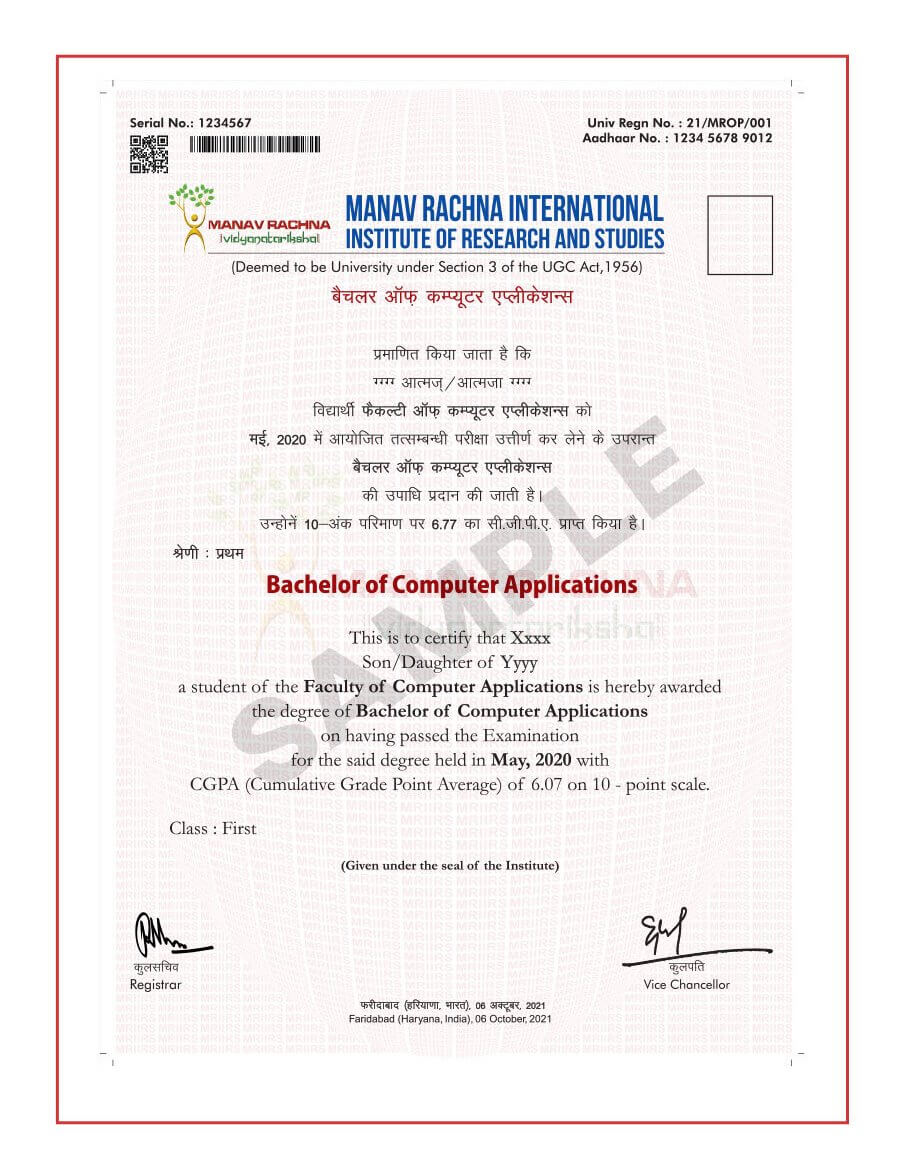 Manav Rachna University Online Sample Certificate