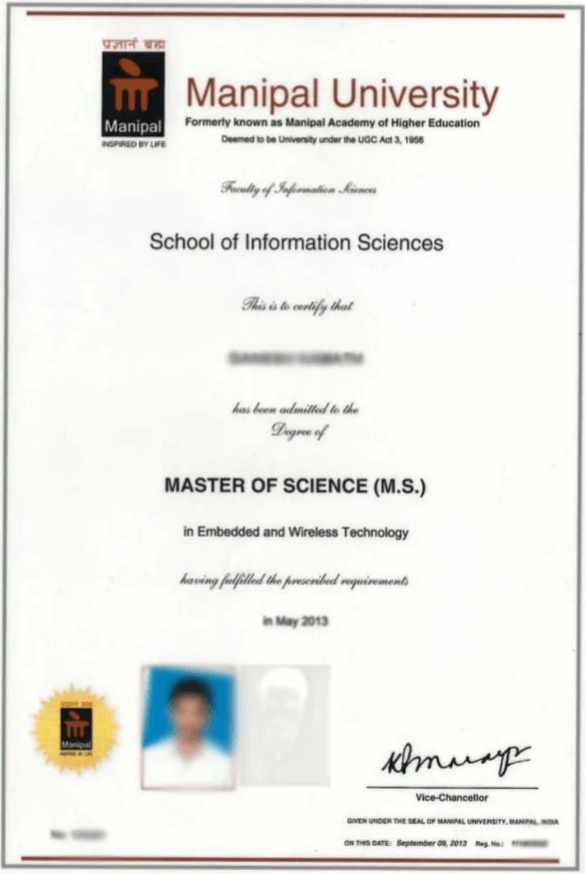 MAHE Sample Certificate