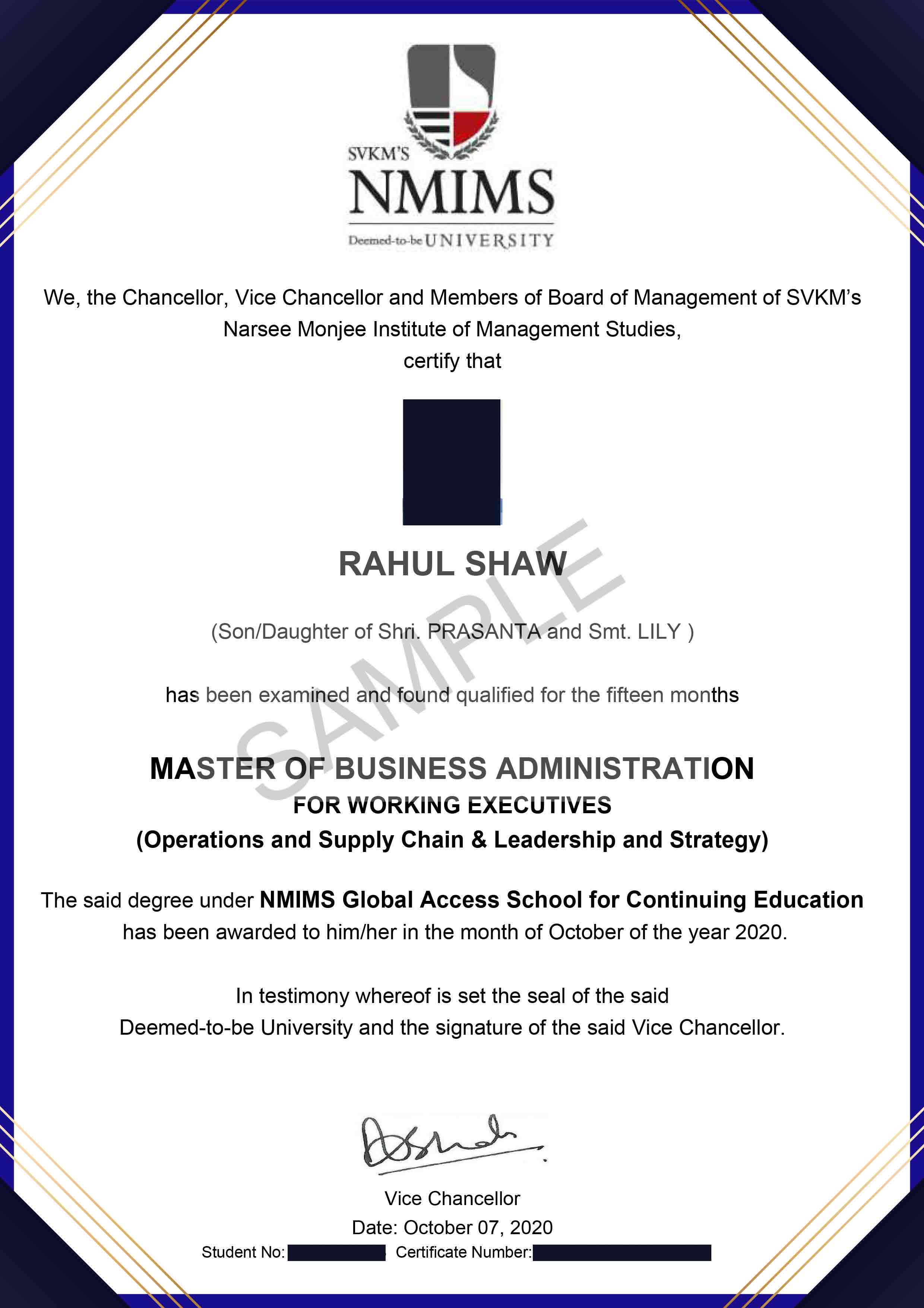 NMIMS Sample Certificate