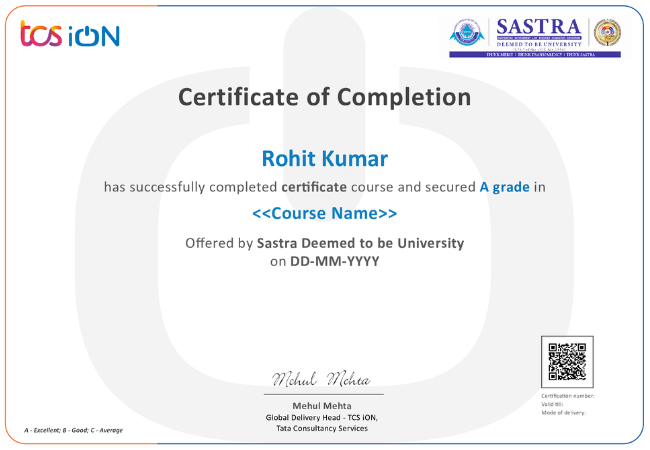 SASTRA University Online Sample Certificate
