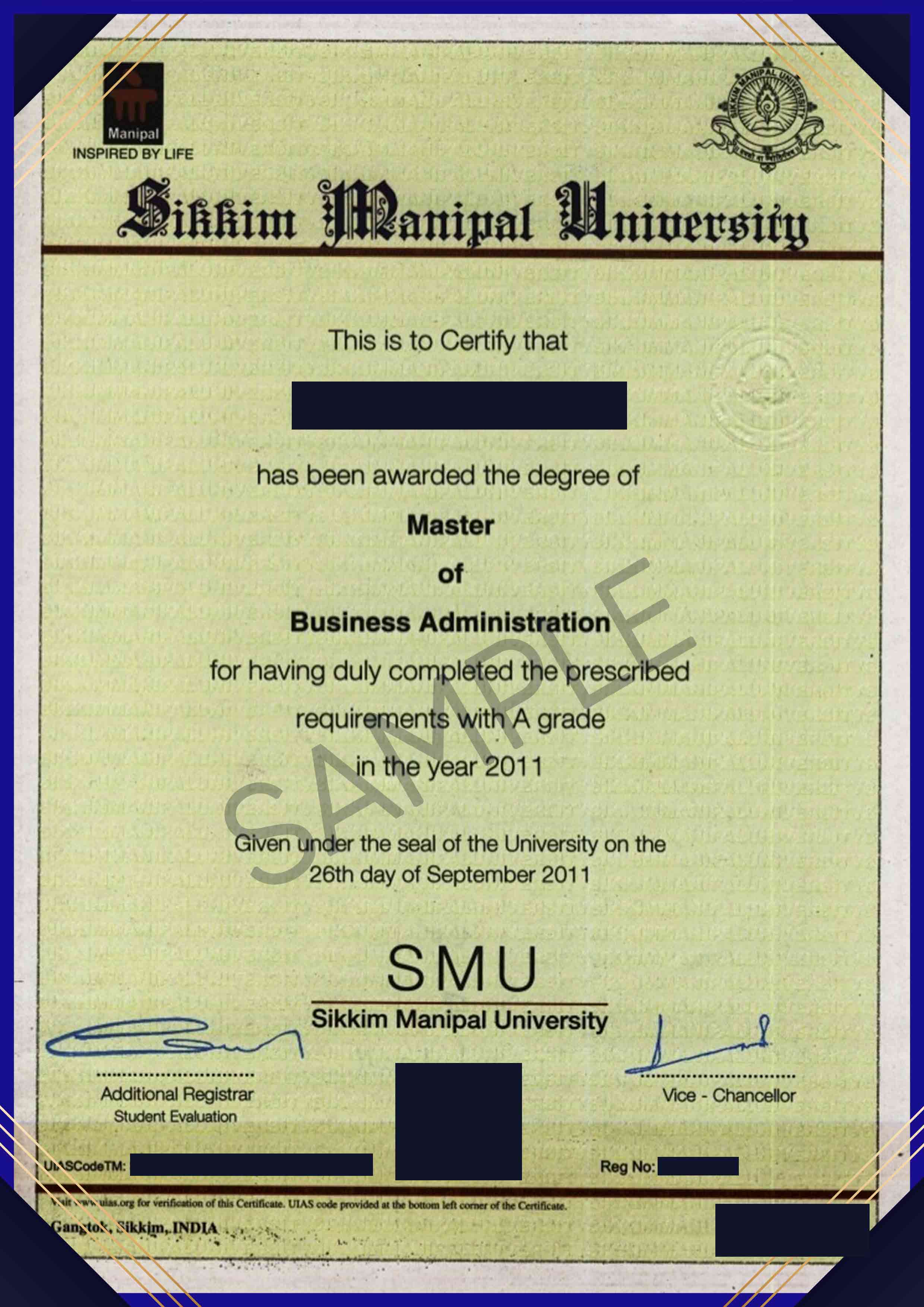 Sikkim Manipal University Sample Certificate