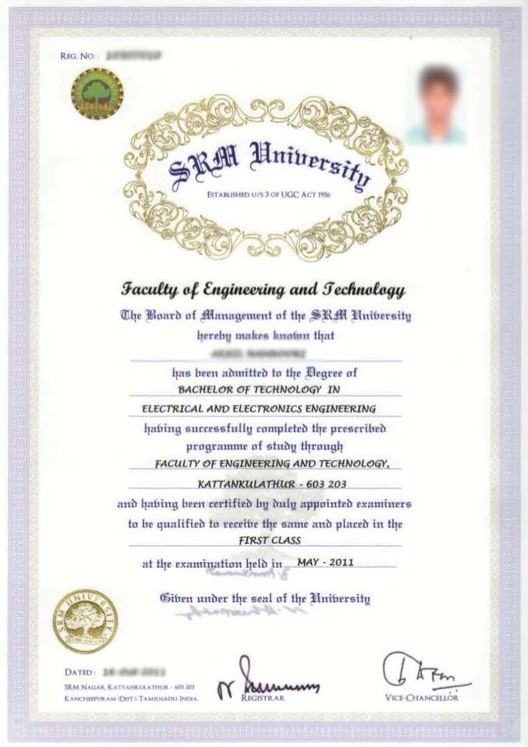 SRM University Sample Certificate