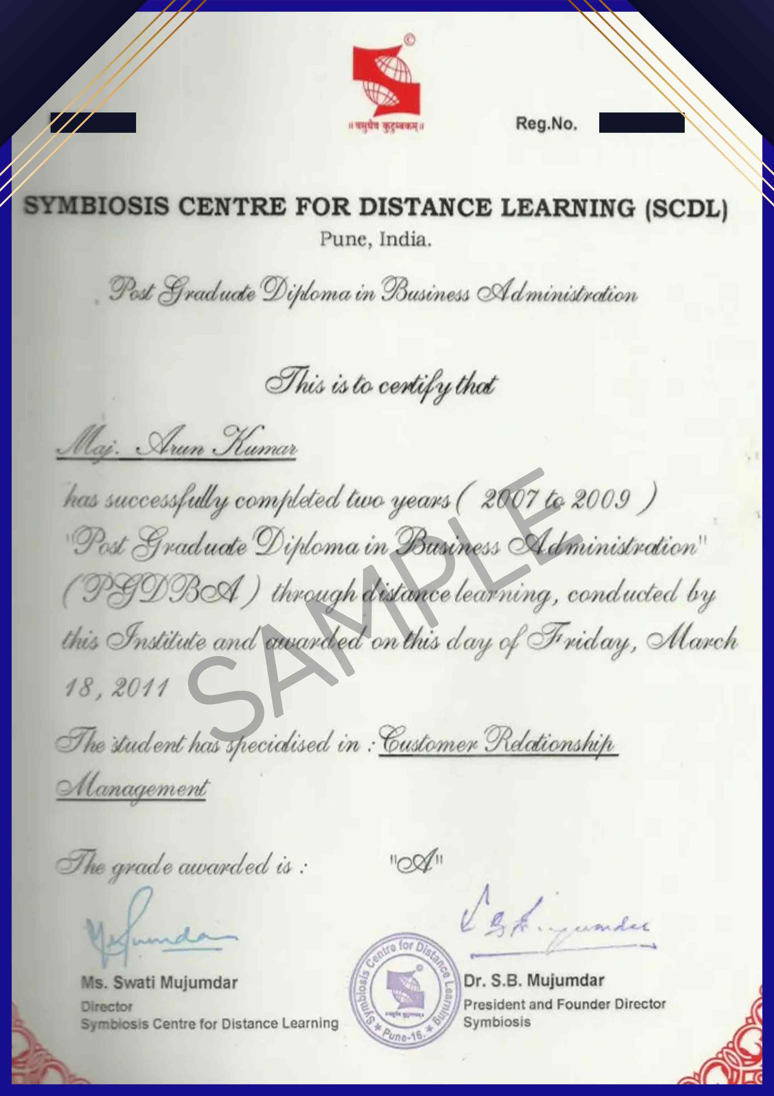 Symbiosis (SCDL) Sample Certificate