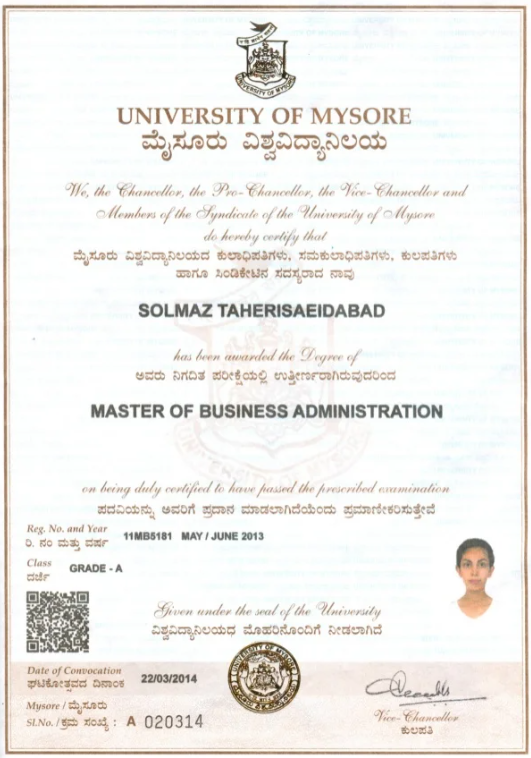 University of Mysore Sample Certificate