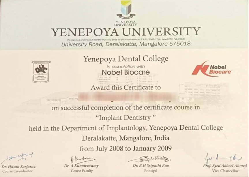 Yenepoya University Sample Certificate