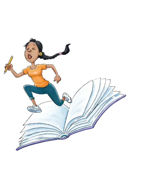 PhD student running on book